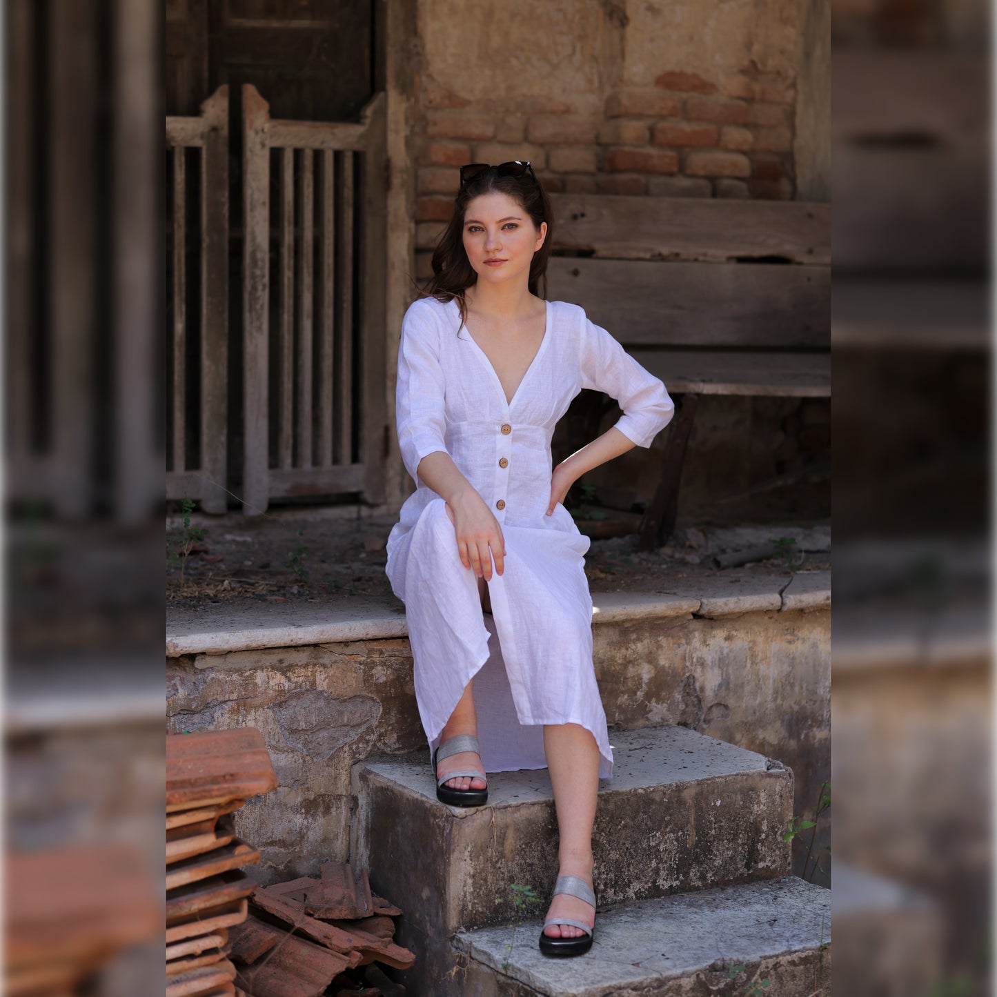 White Linen Deep V-neck Dress
