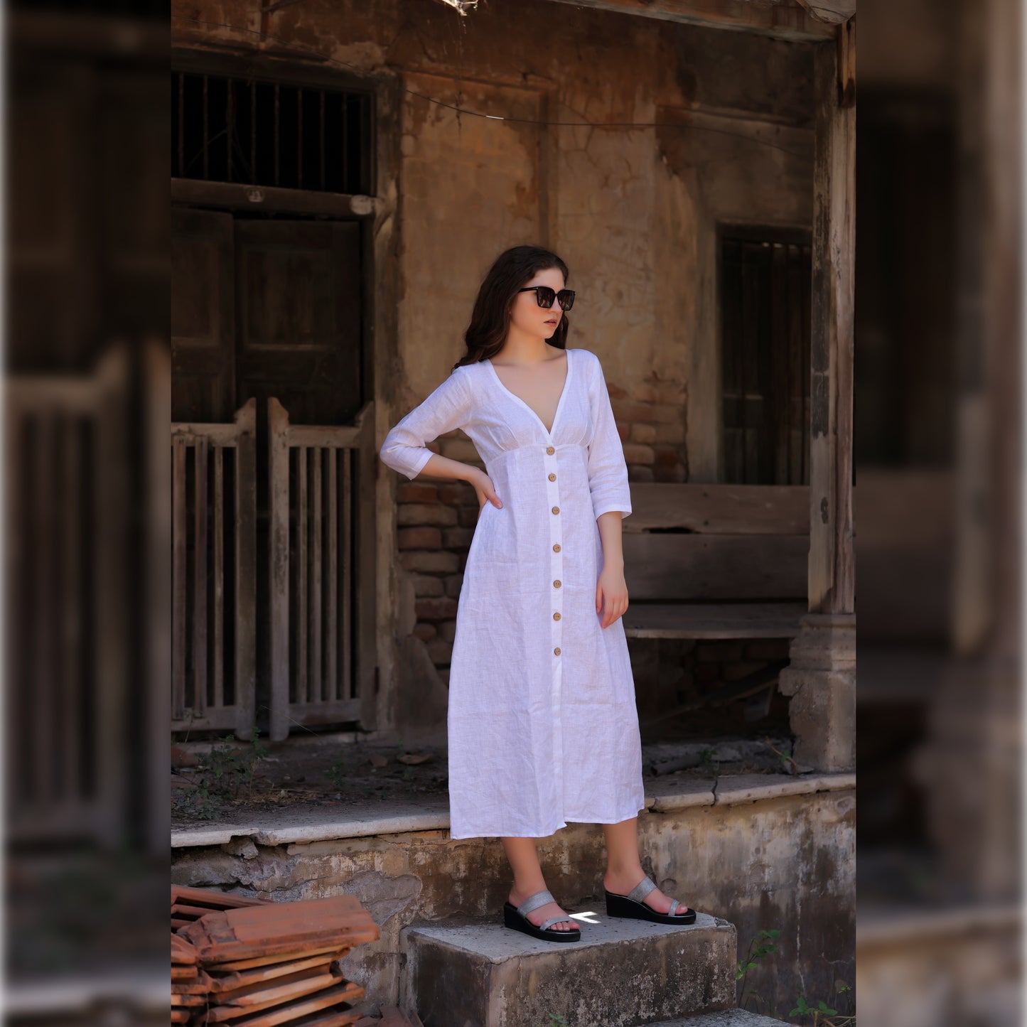 White Linen Deep V-neck Dress