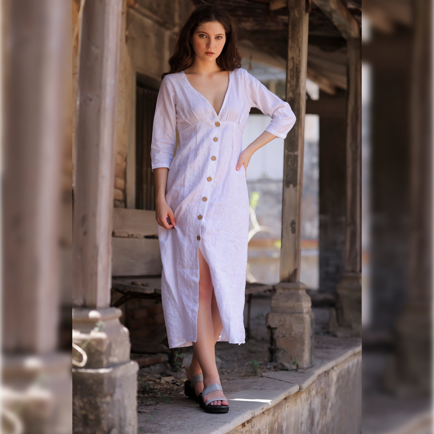 White Linen Deep V-neck Dress