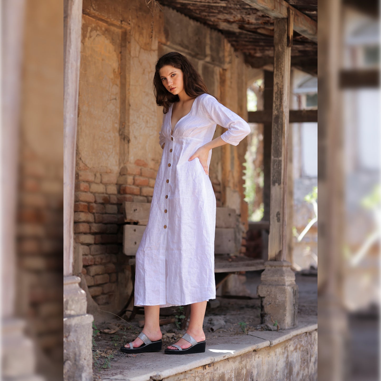 White Linen Deep V-neck Dress