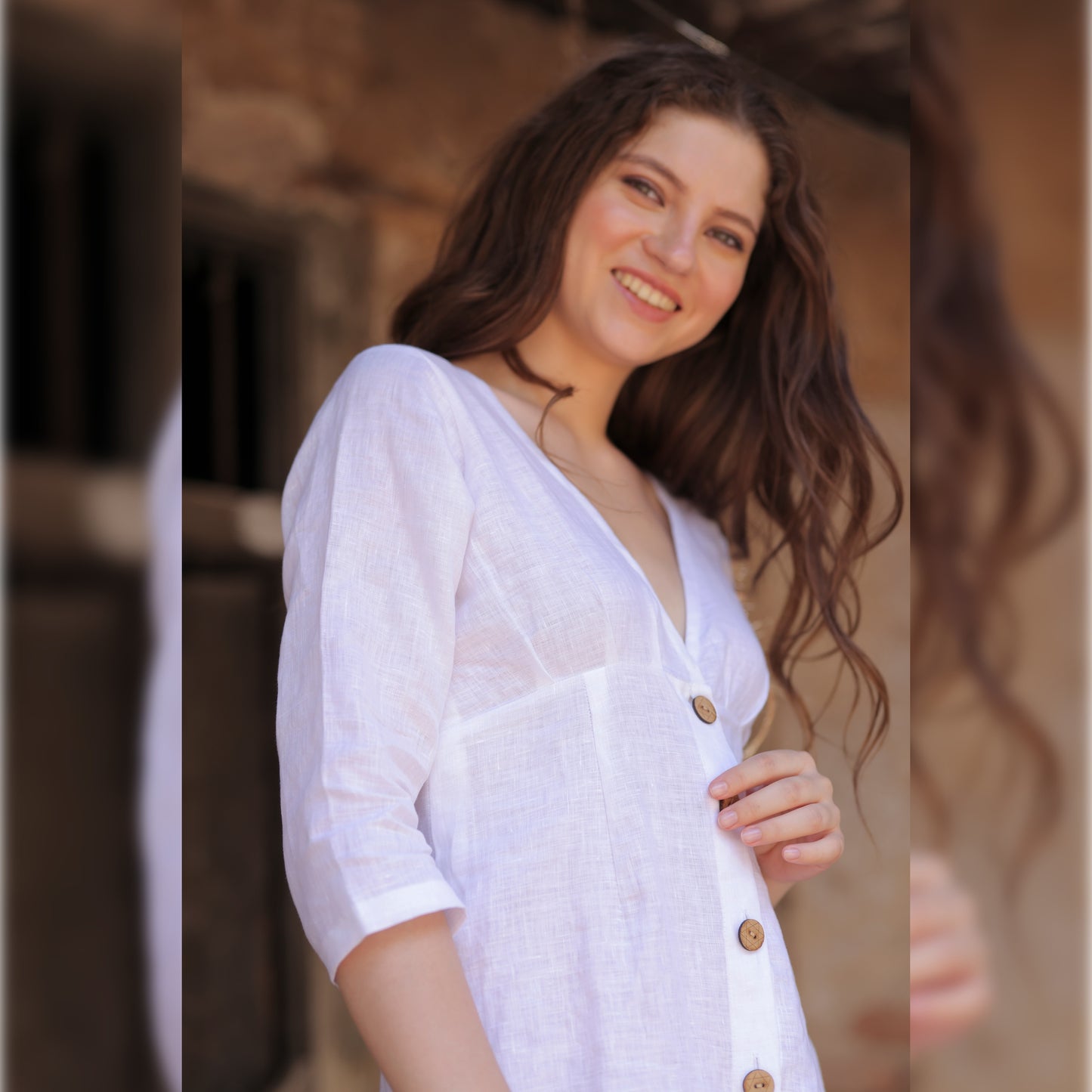 White Linen Deep V-neck Dress