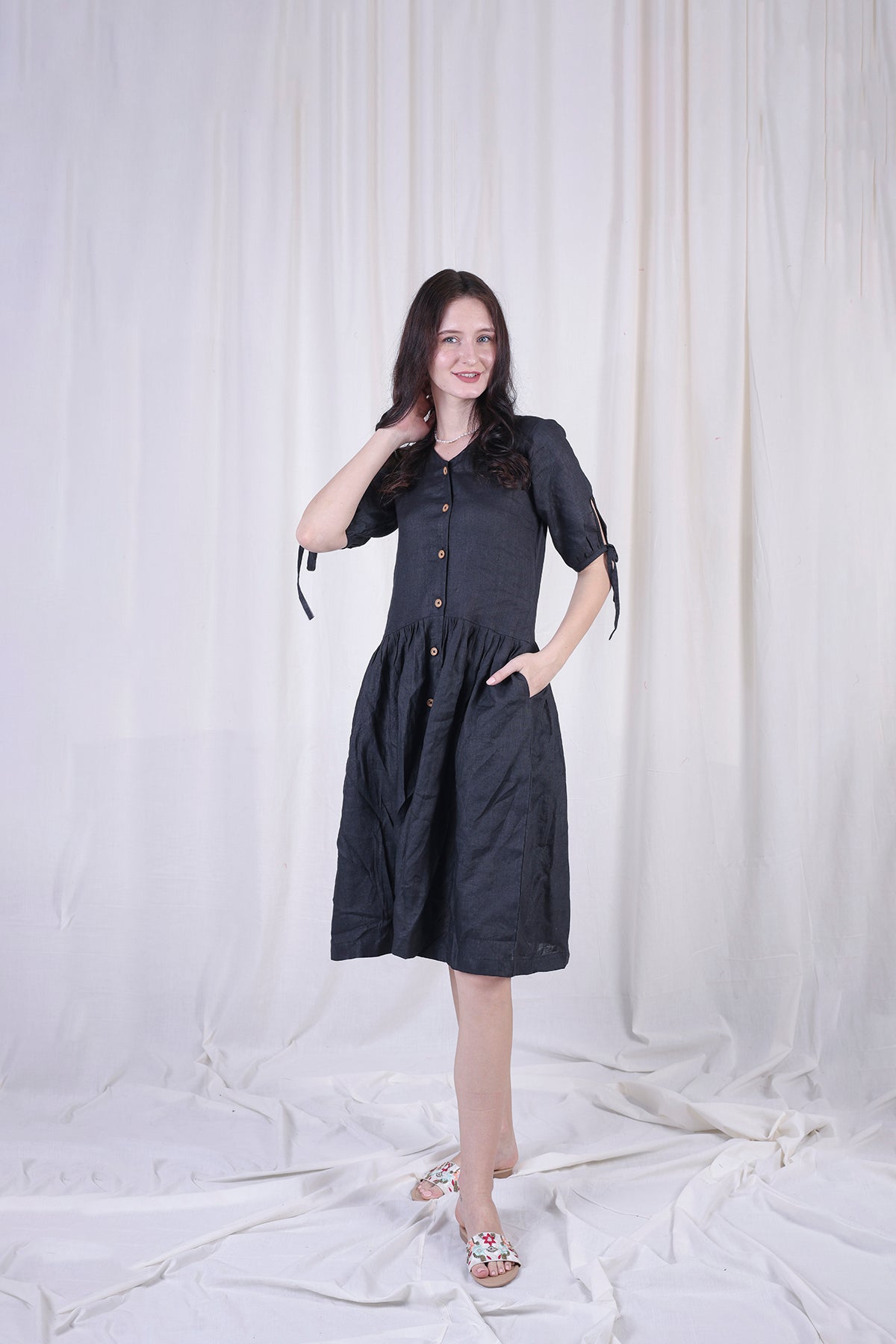 Black linen midi dress with Button-down and tie sleeves
