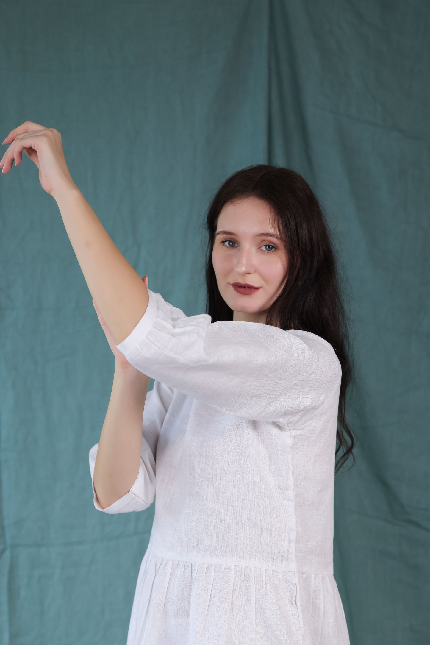 white balloon sleeves linen dress