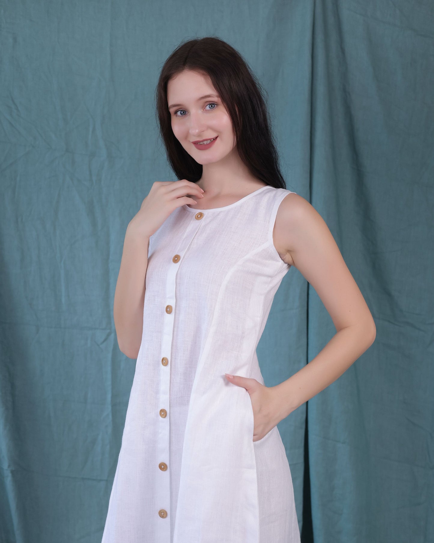 White Color Linen Dress