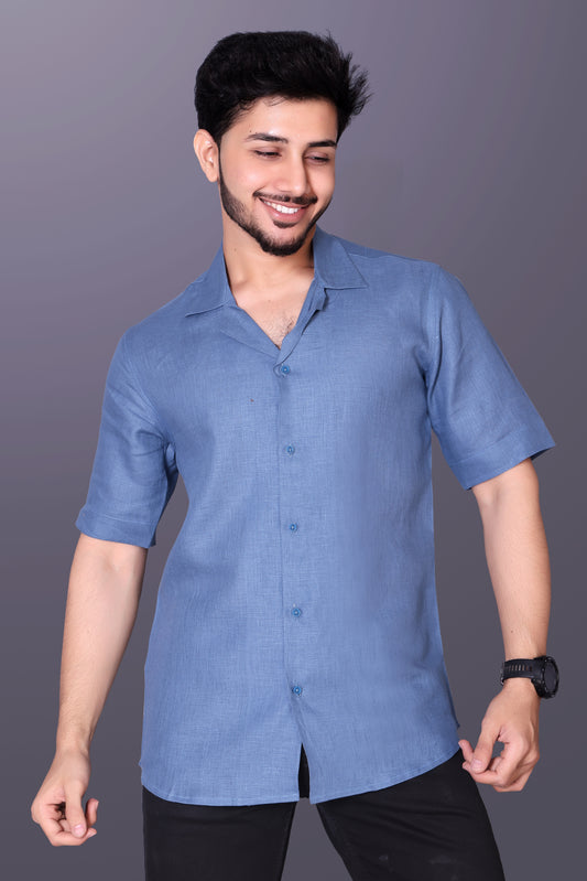 French blue men's linen shirt with half sleeves