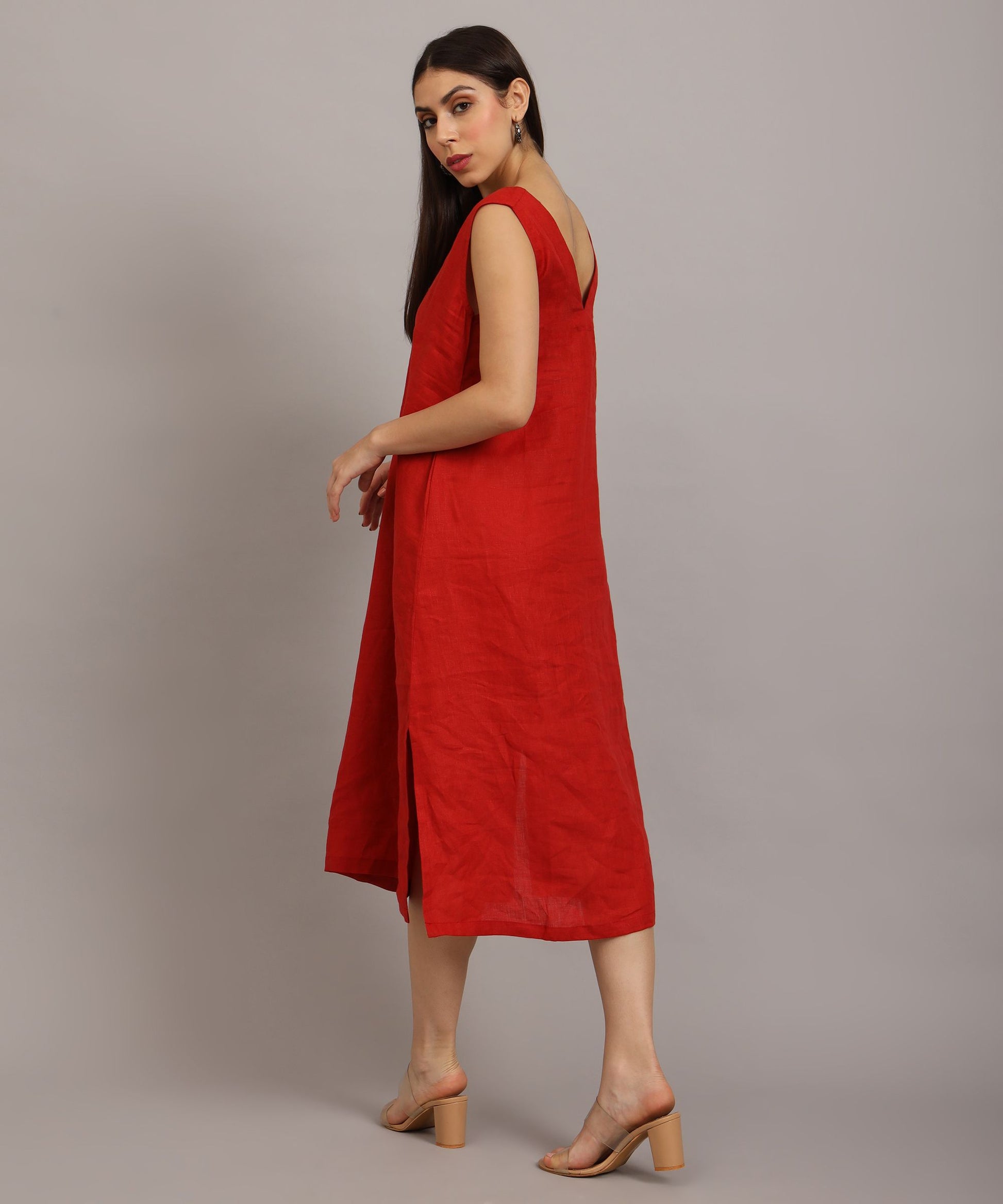 V shape back pattern Red linen dress