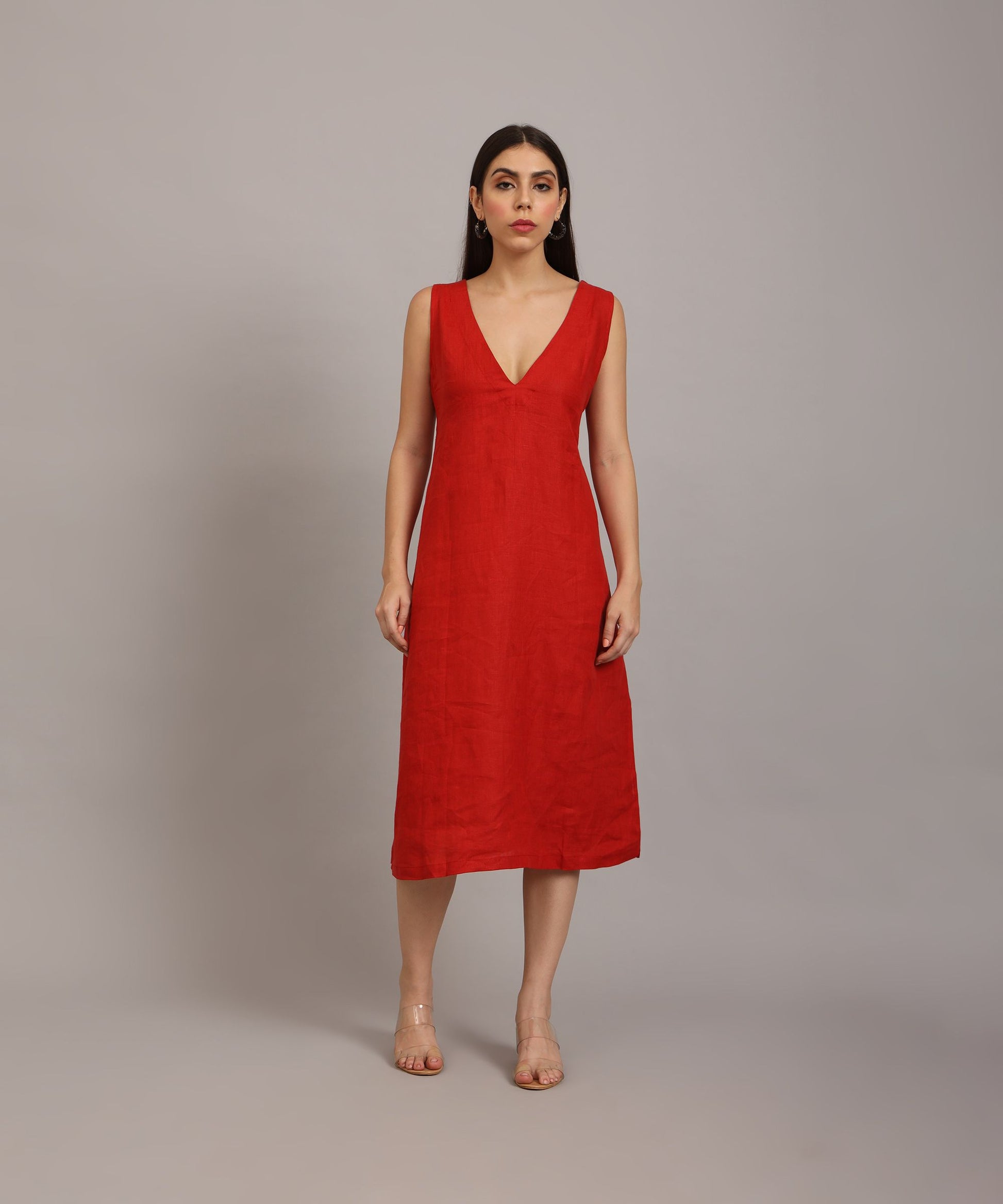 Sleeveless red linen dress