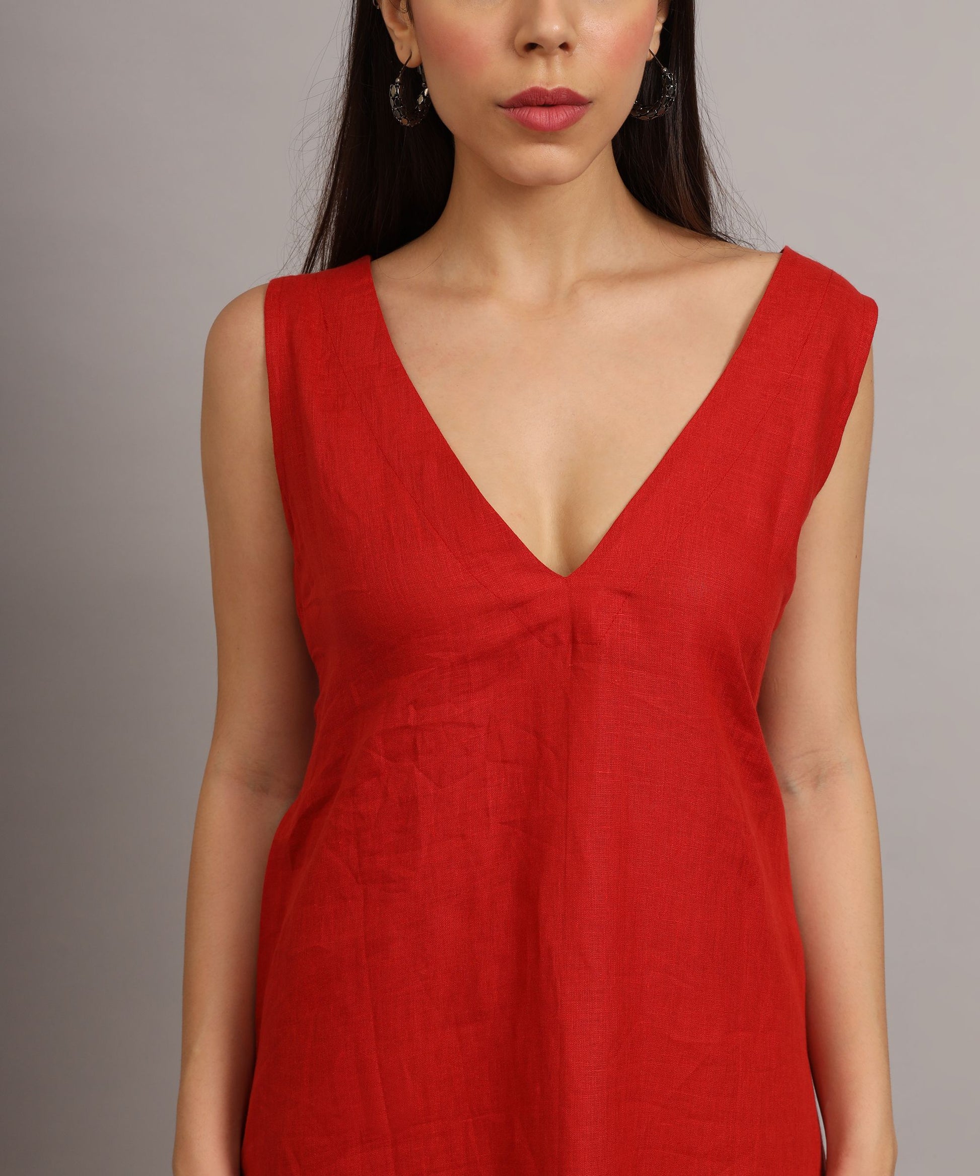 V-neck red linen dress