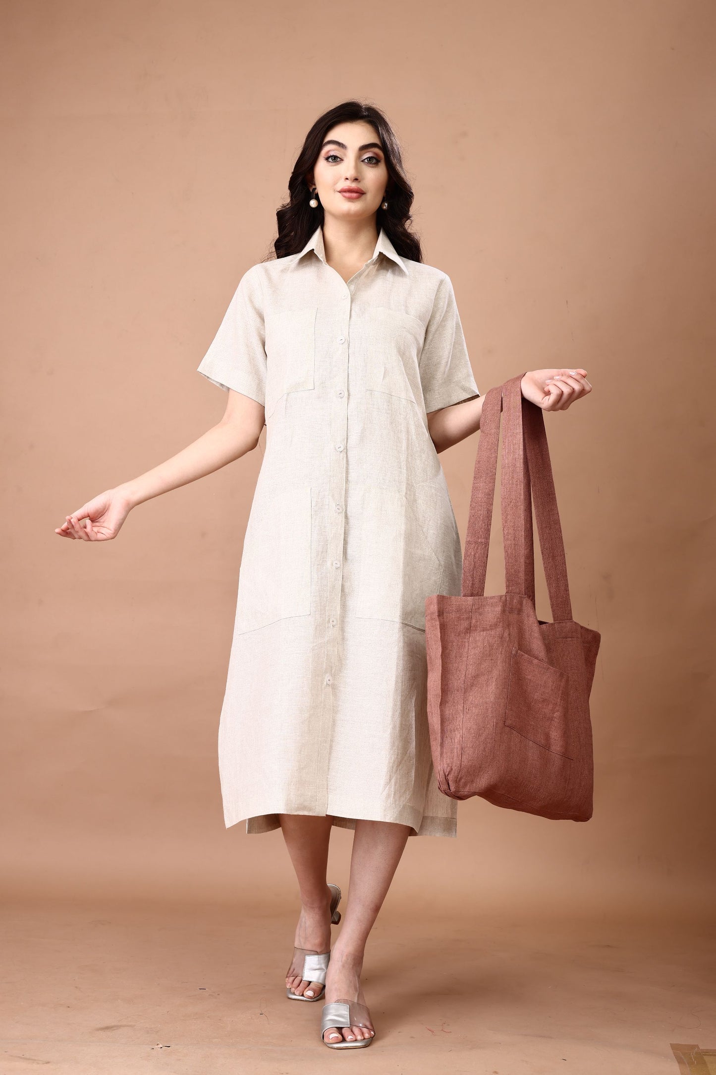 White Short Sleeve Button-Down Linen Shirt Dress with Pockets