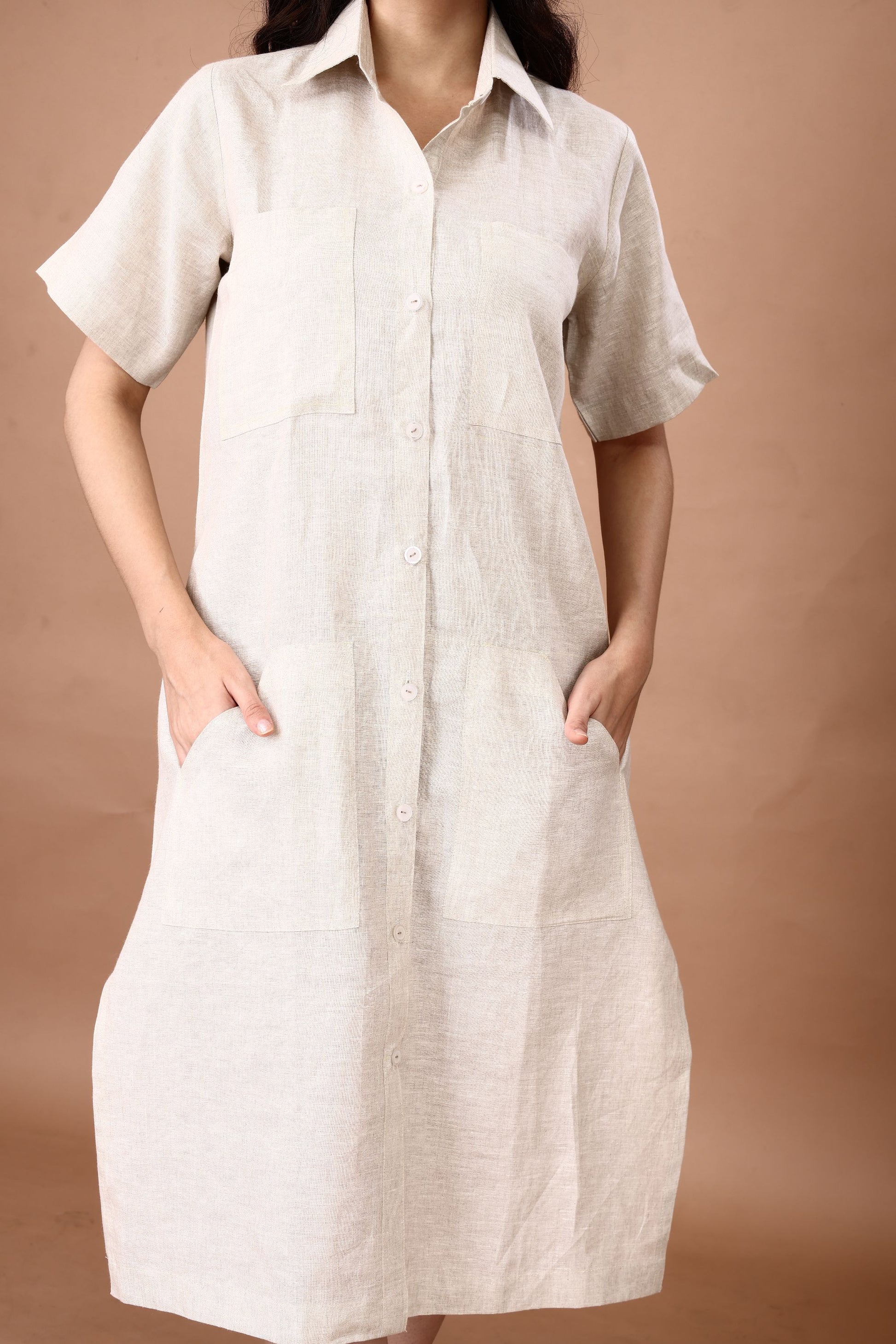 White Short Sleeve Button-Down Linen Shirt Dress